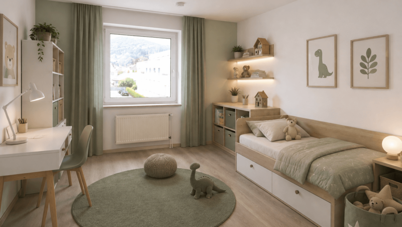 Kinderzimmer KI generiert möbliert